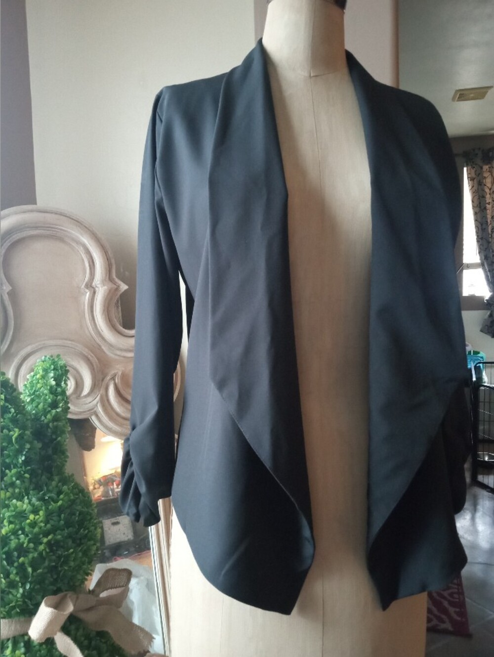 Women's Black Draped Open-Front Blazer